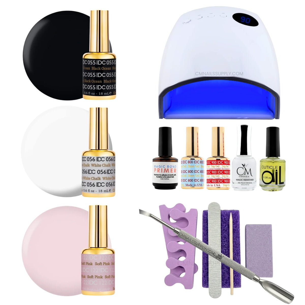 A gel polish starter kit arranged on a white background, including three shades of DC DND gel nail polish (black ocean, white chalk, soft pink), a UV nail lamp, primers, CM nail monomer, cuticle Oil, a nail file, a purple buffer pedicure kit, and metal tools.