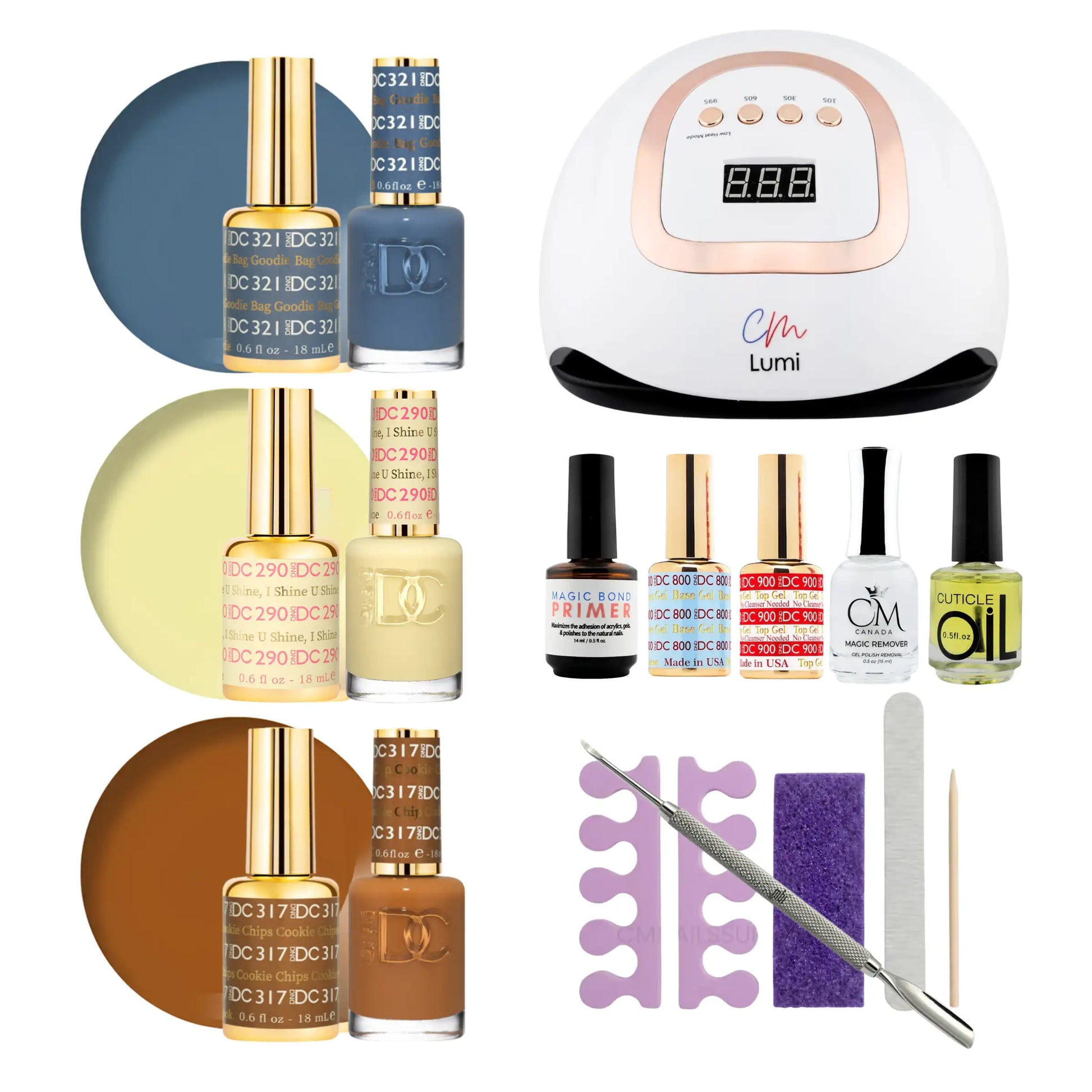 A gel polish starter kit arranged on a white background, including three rows of nail polish bottles with color circles, a white UV lamp labeled 'CM Lumi', a row of primers and top coats, a purple file, a metal nail tool, and wooden sticks.