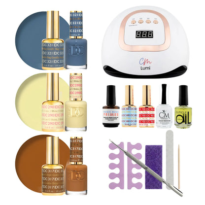 A gel polish starter kit arranged on a white background, including three rows of nail polish bottles with color circles, a white UV lamp labeled 'CM Lumi', a row of primers and top coats, a purple file, a metal nail tool, and wooden sticks.