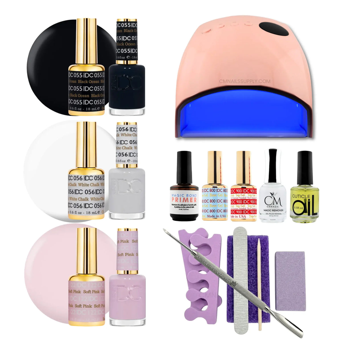 A DC gel polish manicure set arranged on a white background, including a UV nail lamp, several bottles of nail polish in black, white, pink, and gold, a purple nail file, a metal nail tool, and other small accessories.