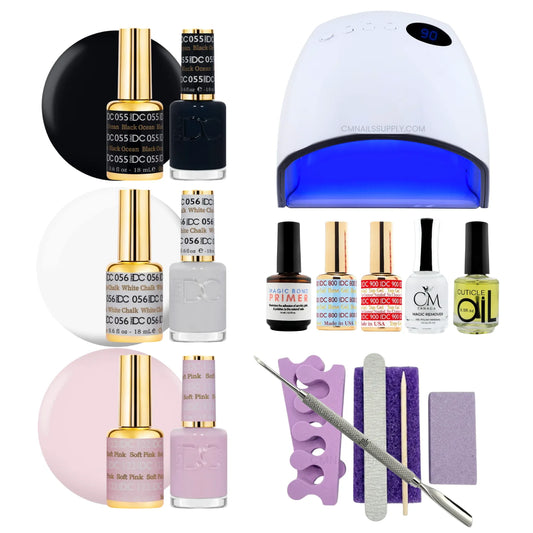 A gel polish starter kit arranged on a white background, including three shades of DC DND gel nail polish (black ocean, white chalk, soft pink), a UV nail lamp, primers, CM nail monomer, cuticle Oil, a nail file, a purple buffer pedicure kit, and metal tools.