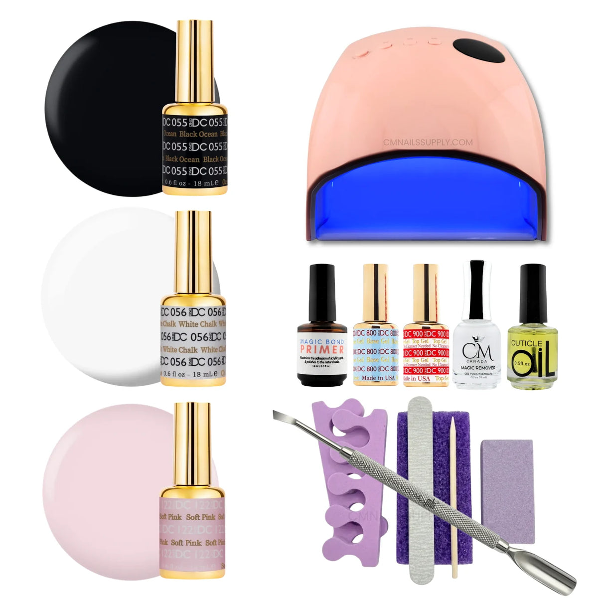 A gel polish starter kit arranged on a white background, including three shades of DC DND gel nail polish (black ocean, white chalk, soft pink), a UV nail lamp, primers, CM nail monomer, cuticle Oil, a nail file, a purple buffer pedicure kit, and metal tools.