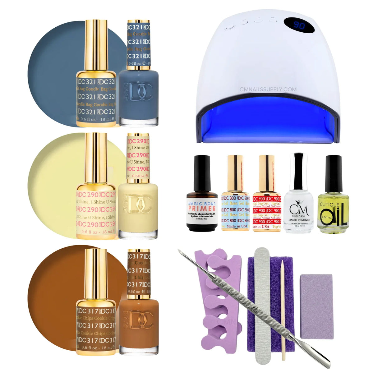 A gel polish starter kit arranged on a white background, including three shades of DC DND gel nail polish (blue-gray, pale yellow, warm brown), a UV nail lamp, primers, CM nail monomer, cuticle Oil, a nail file, a purple buffer pedicure kit, and metal tools.