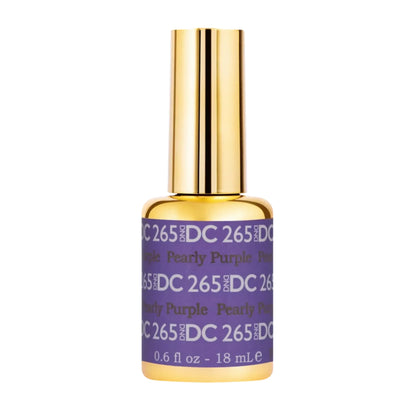 A bottle of DC 265 Daily Purple Pearly Purple nail polish with a gold cap and a purple label, shown on a plain white background.