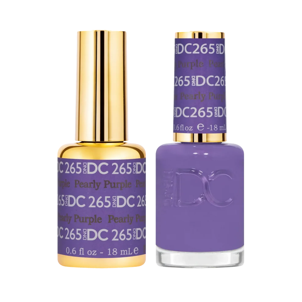 Two bottles of DC 265 Pearly Purple nail polish on a white background DC Pearly Purple 265 Gel Nail Polish duo