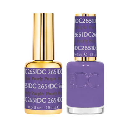 Two bottles of DC 265 Pearly Purple nail polish on a white background DC Pearly Purple 265 Gel Nail Polish duo