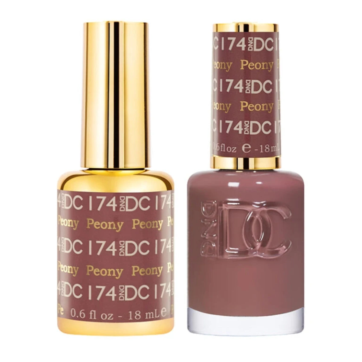 Two bottles of DC 174 Peony nail polish and gel polish
