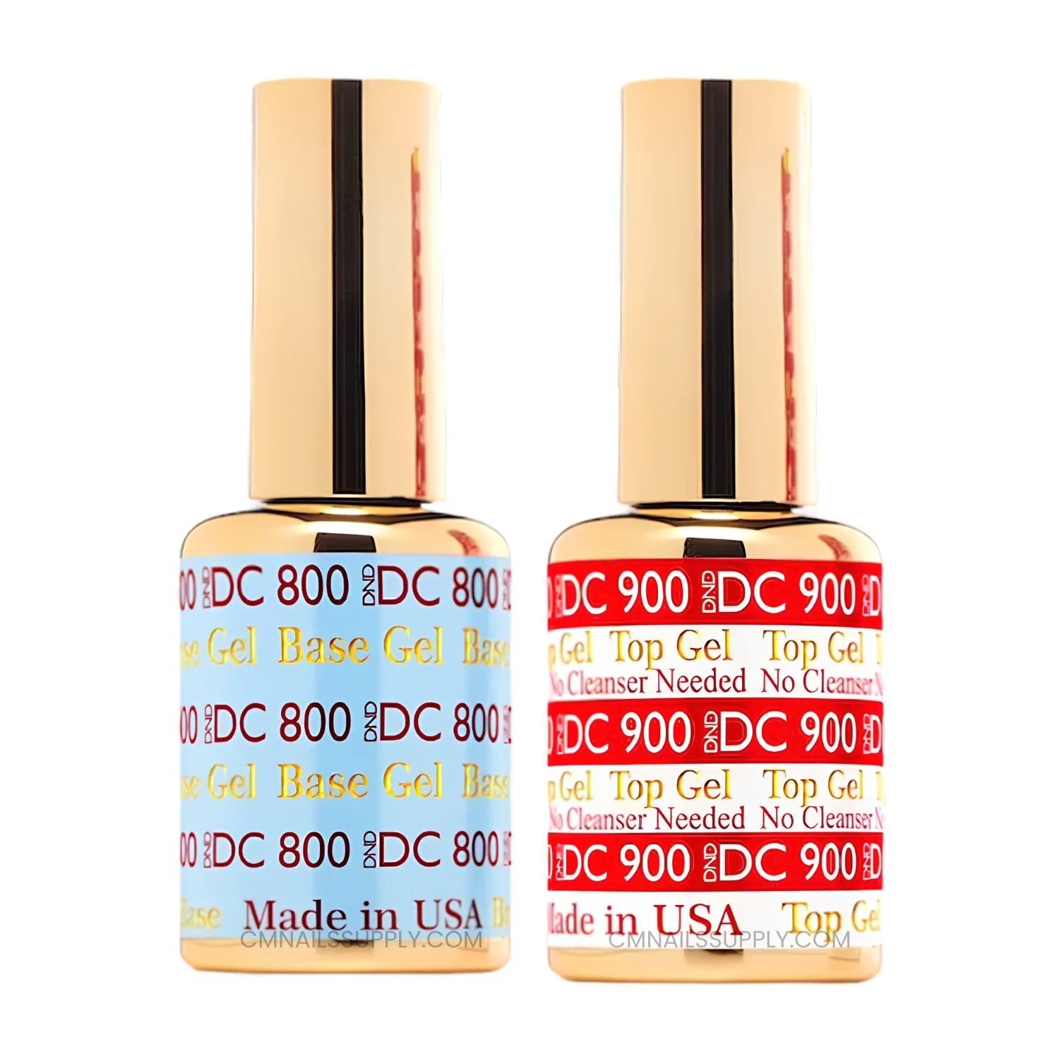 Two bottles of DC brand gel nail polish on a white background, one labeled DC 800 Base Gel with a light blue label and the other labeled DC 900 Top Gel with a red label.