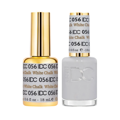 Two bottles of DC 056 White Chalk nail polish shown on a plain white background, one a gel polish and one a nail polish bottle