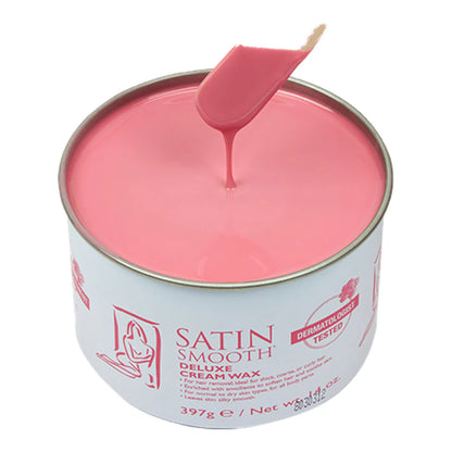 Can of Satin Smooth Deluxe Crystal Wax with pink wax and spatula on a white background