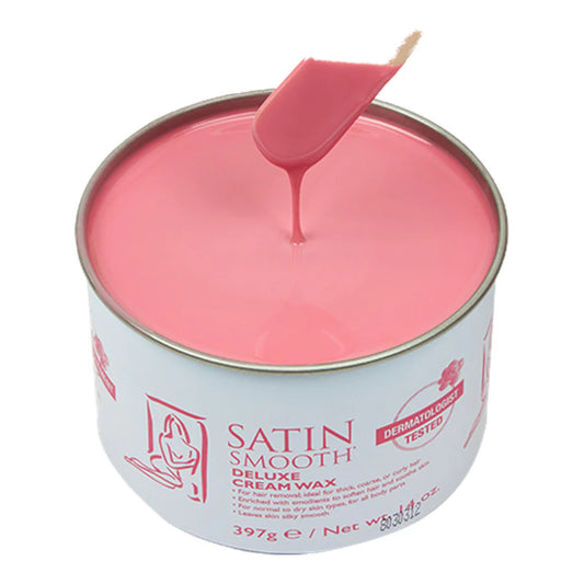 Can of Satin Smooth Deluxe Crystal Wax with pink wax and spatula on a white background