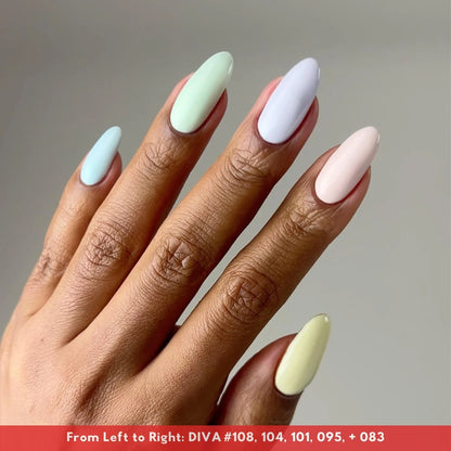 Fingers manicured in DIVA 018 sky blue pastel gel nail polish shade