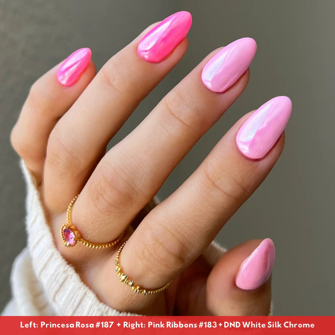 Hand showing finished manicure in DND DIVA Pink Ribbons bright neutral pink gel nail polish