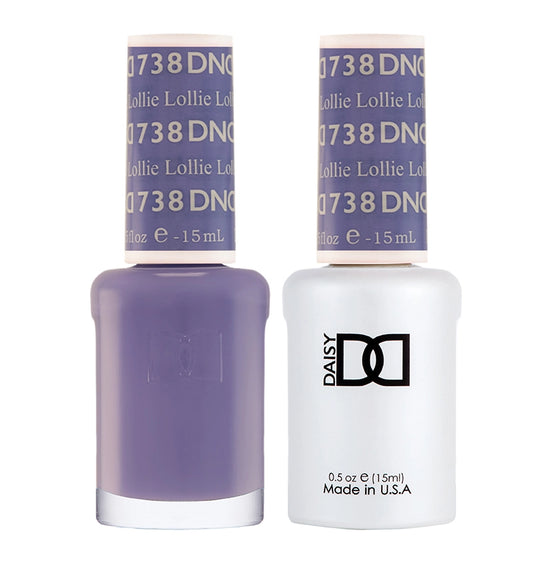 Two bottles of DND 738 Lollie nail polish, one purple and one white, on a white background.