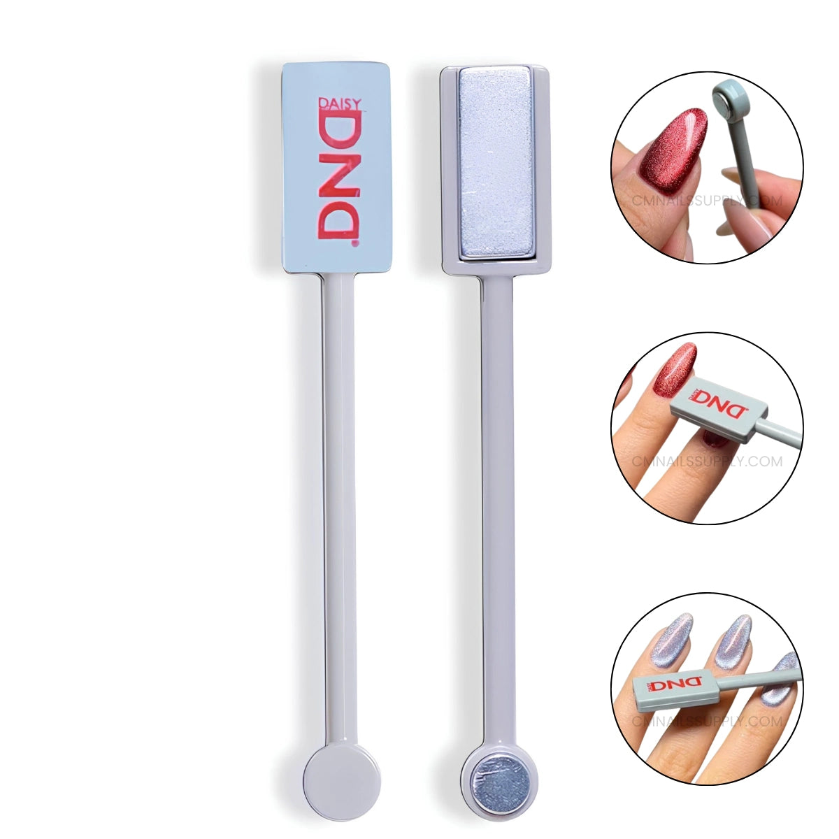 Two DND cat eye nail magnets shown on a white background, with photos demonstrating use on a nail tip and painted fingernails.