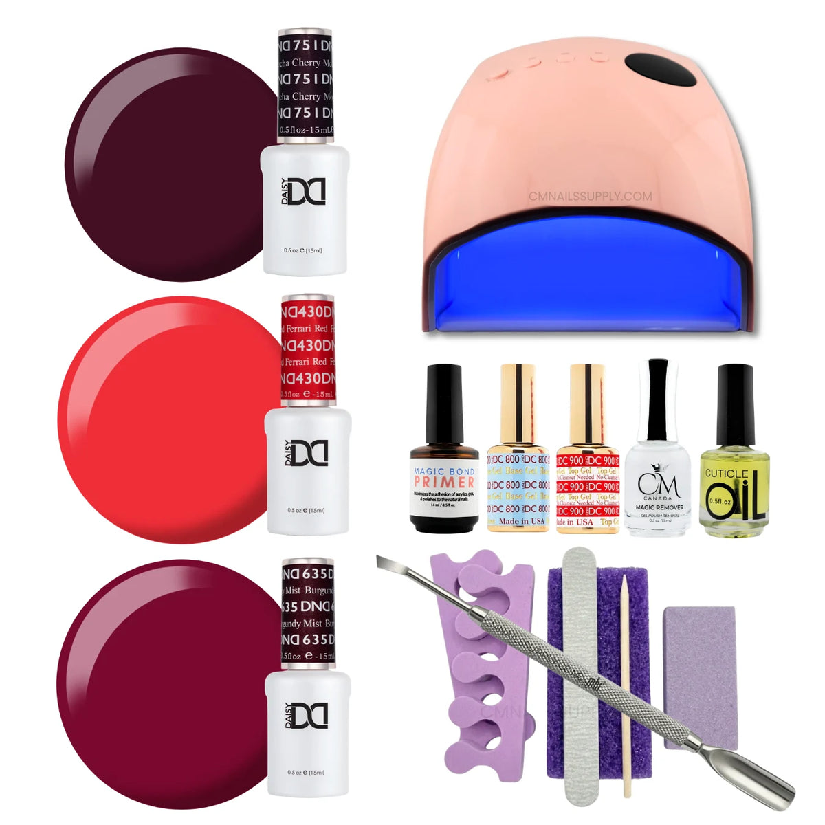A gel polish starter kit arranged on a white background, including three shades of DND gel nail polish (cherry mocha, ferrari red and burgundy mist), a UV nail lamp, primers, CM nail monomer, cuticle Oil, a nail file, a purple buffer pedicure kit, and metal tools.