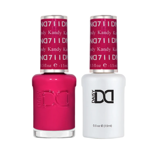 A bottle of bright magenta pink nail polish next to a gel polish bottle of DND Kandy #711 gel polish nail lacquer duo