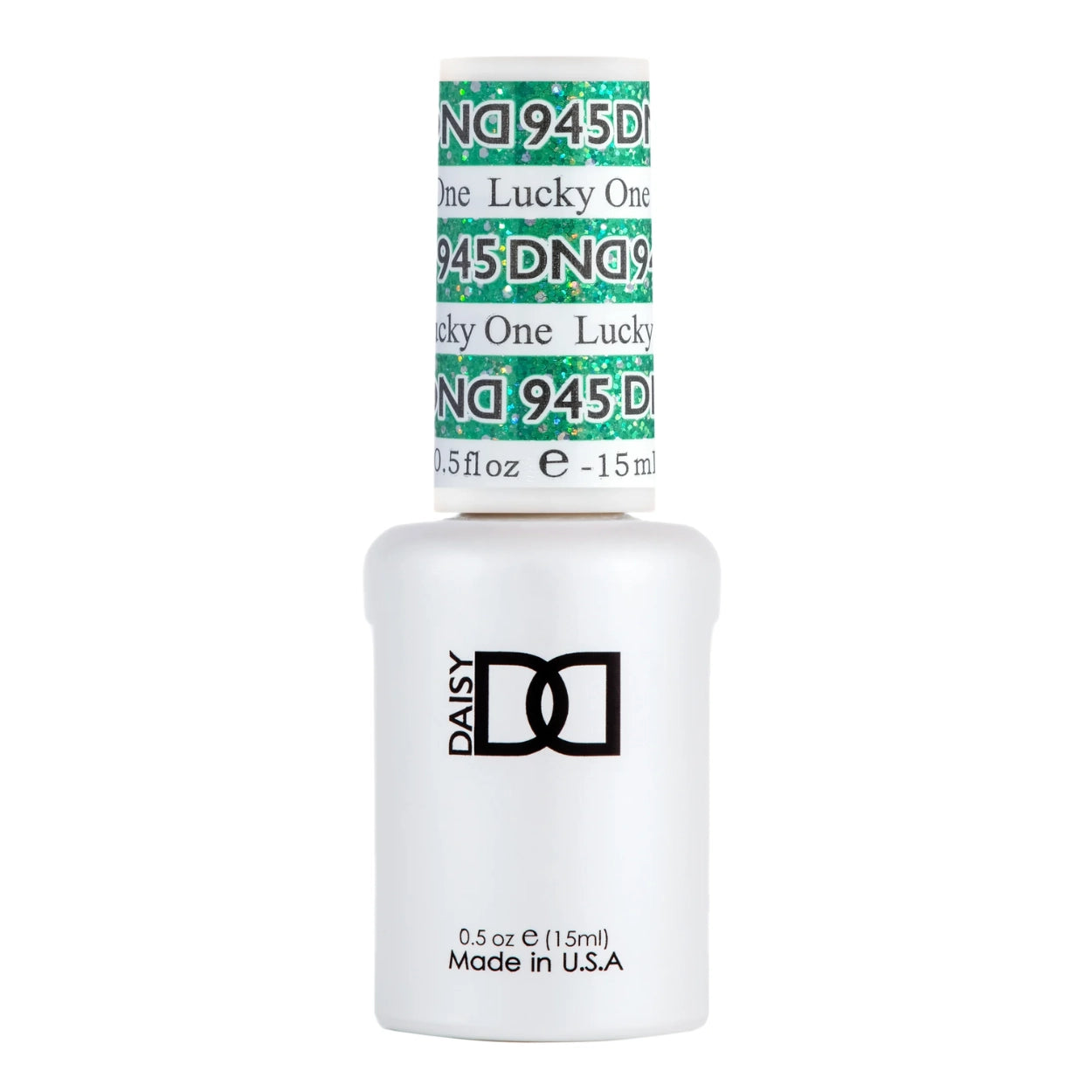 A DND Lucky One #945 Gel Polish 0.5 oz bottle of Daisy Lucky One Nail Dip Powder in shade 945, featuring a white bottle with a green and white patterned cap, on a white background.