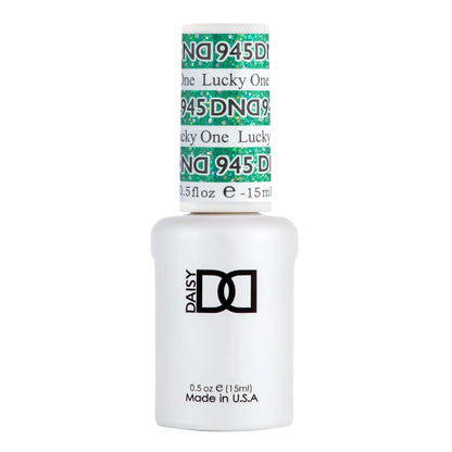 A DND Lucky One #945 Gel Polish 0.5 oz bottle of Daisy Lucky One Nail Dip Powder in shade 945, featuring a white bottle with a green and white patterned cap, on a white background.