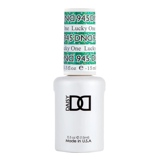 A DND Lucky One #945 Gel Polish 0.5 oz bottle of Daisy Lucky One Nail Dip Powder in shade 945, featuring a white bottle with a green and white patterned cap, on a white background.