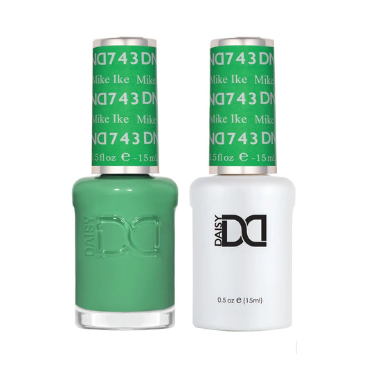 DND Mike Ike #743 - Gel & Lacquer Duo. One bottle is filled with a medium mint green polish and has a green cap with white text.