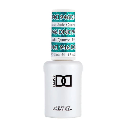 A bottle of Daisy Nail Art gel polish in shade 946 Jade Quartz, featuring a white bottle with a black logo and a matching white cap with teal and black text.