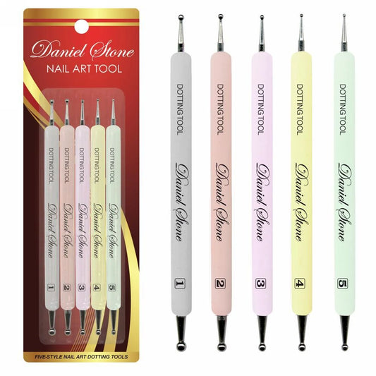 Five Daniel Stone dotting tools in pastel colors are shown both inside their red-and-gold retail packaging on the left and individually on the right. The tools have double-ended metal tips and printed Daniel Stone branding for nail art dotting