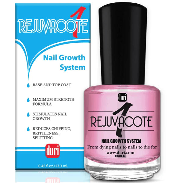 Duri Rejuvacote nail growth system with pink nail polish bottle and packaging on a white background