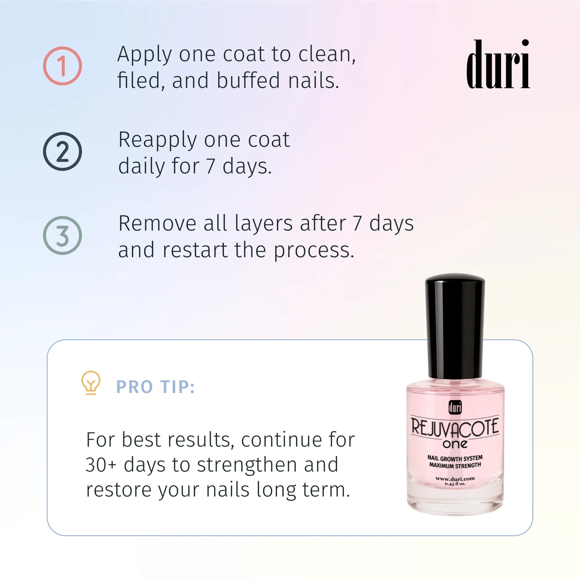 Nail growth system with application instructions and a bottle of Rejuvacote one on a light pink background.