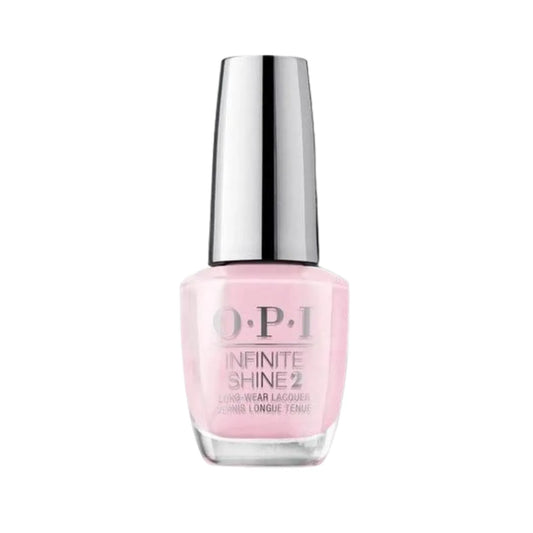 OPI Infinite Shine 2 Long-Wear Lacquer nail polish in a light pink shade, featuring a clear glass bottle and a reflective silver cap, set against a plain white background.