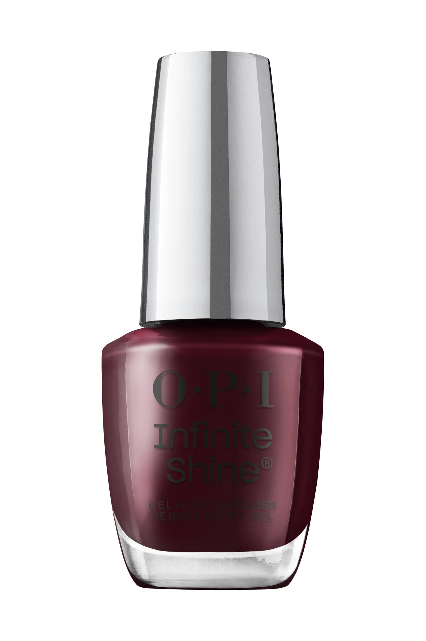 OPI Infinite Shine nail polish in a deep burgundy shade, shown in a classic glass bottle with a reflective silver cap on a white background.
