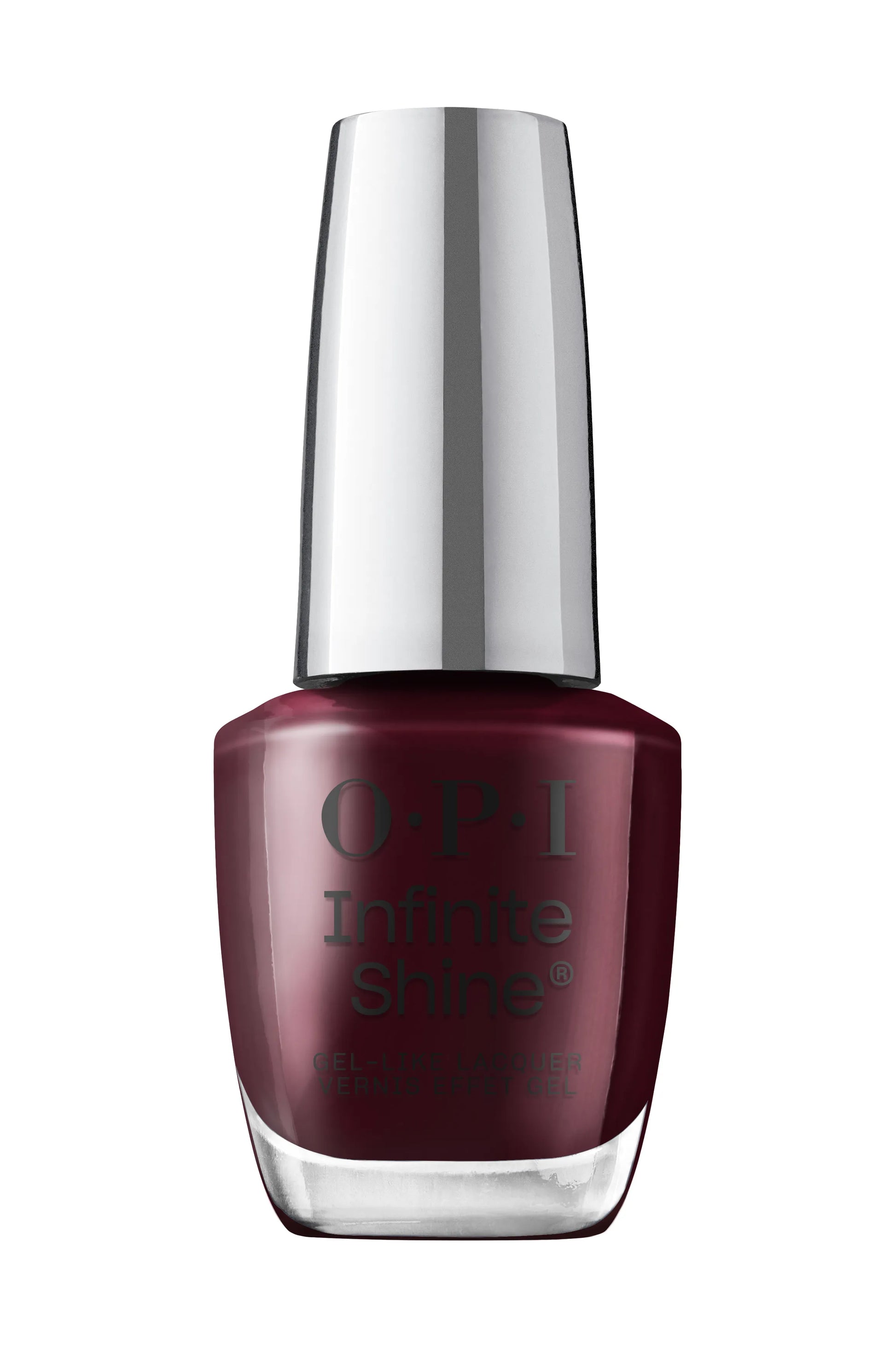 OPI Infinite Shine nail polish in a deep burgundy shade, shown in a classic glass bottle with a reflective silver cap on a white background.