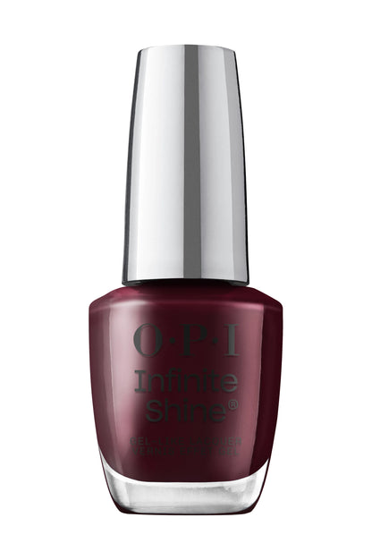 OPI Infinite Shine nail polish in a deep burgundy shade, shown in a classic glass bottle with a reflective silver cap on a white background.