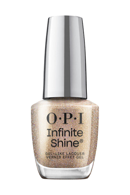 OPI Infinite Shine gel nail polish in a shimmering champagne gold color, shown in a clear bottle with a reflective silver cap on a white background.