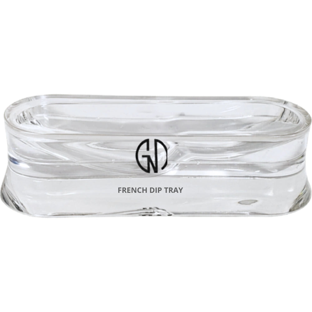 Clear glass French dip tray with a brand logo on a white background