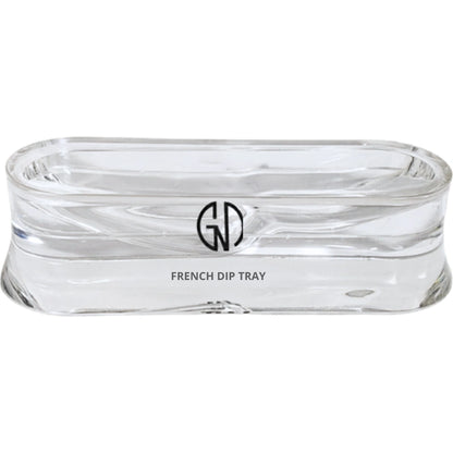 Clear glass French dip tray with a brand logo on a white background