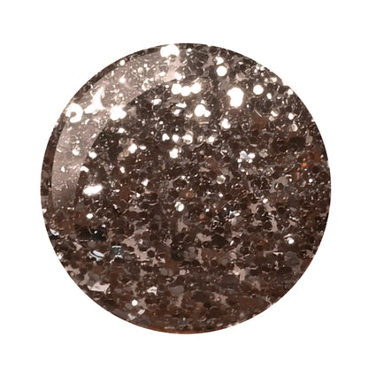 A circular close-up swatch of a glittery, metallic bronze-brown cosmetic or material texture on a plain white background.