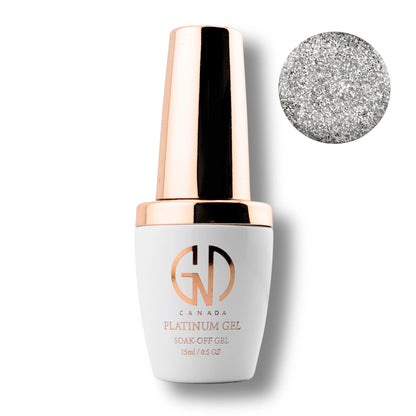 Canada Platinum Gel soak-off gel nail polish in a white bottle with a metallic rose gold cap, shown next to a circular silver glitter swatch on a white background.