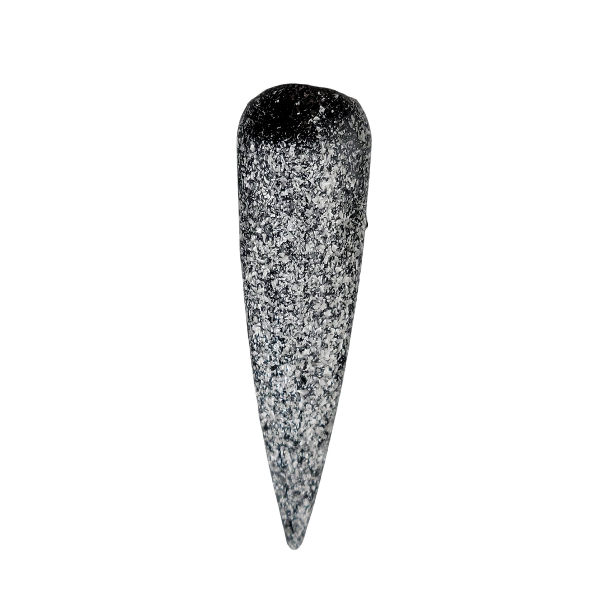 A single long, pointed nail tip or false nail shown upright on a plain white background. The surface has a black-to-silver glitter gradient, with dense black glitter at the top fading into lighter silver glitter toward the pointed tip.
