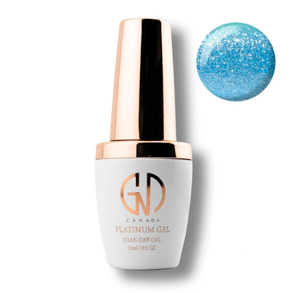 Canada Platinum Gel soak-off gel nail polish bottle with a white body and metallic rose gold cap, shown alongside a circular blue glitter swatch on a white background.
