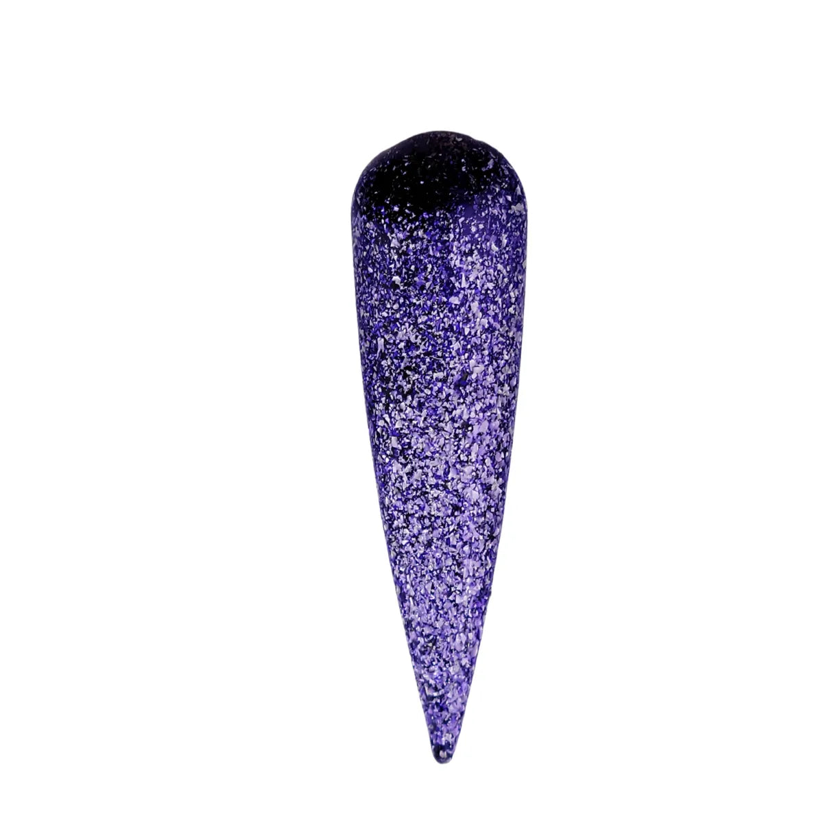 A single pointed cone-shaped nail tip covered in dense purple glitter, shown against a plain white background GND Platinum Gel #12 GND Canada professional nail polish manicure