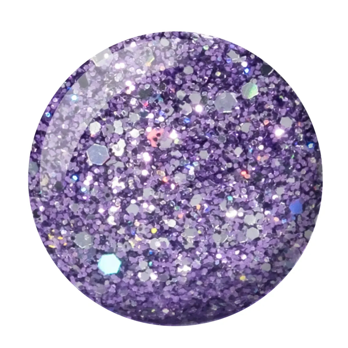 A circular close-up of purple glitter with silver, pink, and iridescent flecks on a white background. GND Platinum Gel #12 GND Canada professional nail polish manicure