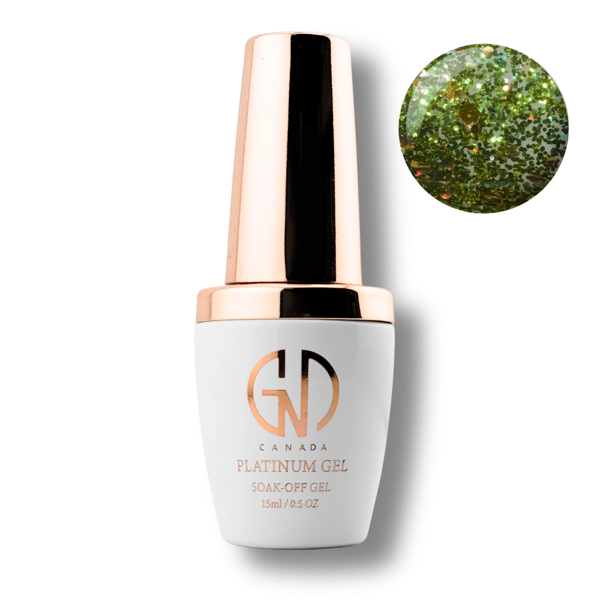 Canada Platinum gel nail polish in a white bottle with a metallic rose gold cap, shown alongside a circular swatch of sparkling green glitter gel on a white background.