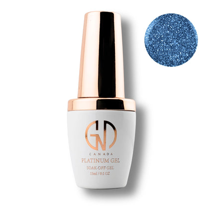 A bottle of Canada Platinum Gel soak-off gel nail polish with a white body and metallic rose gold cap, shown next to a circular blue glitter color swatch on a white background.