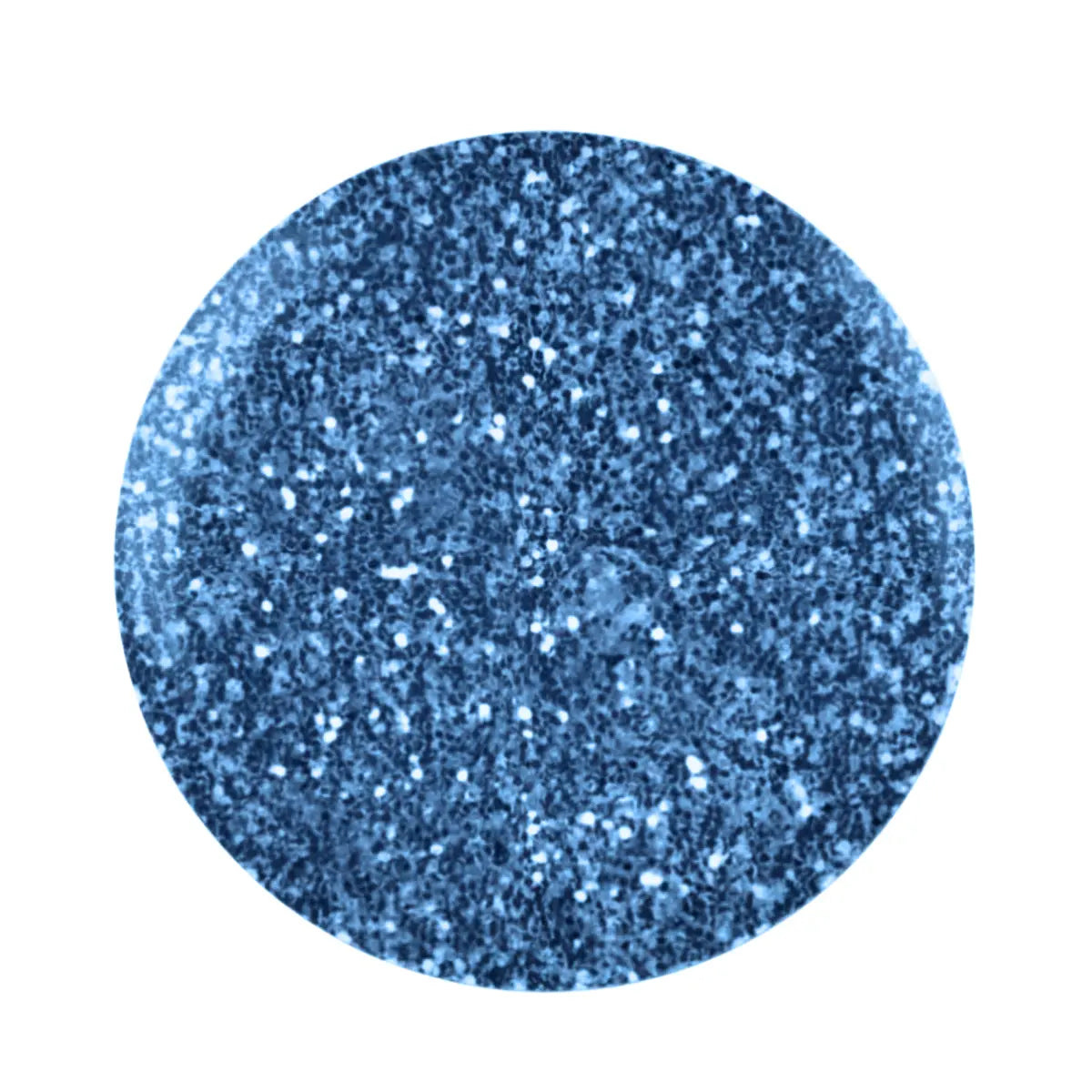 A circular close-up swatch of sparkling medium blue glitter GND Platinum Gel #3 GND Canada gel polish manicure swatch on a plain white background.