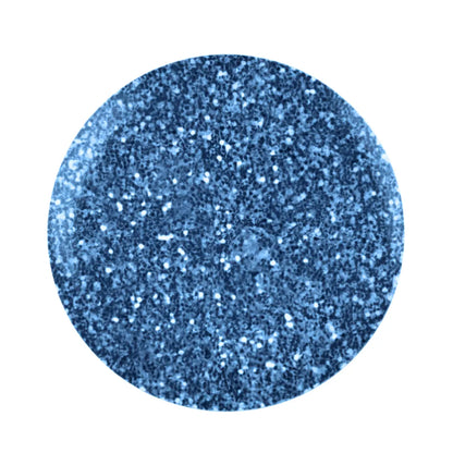 A circular close-up swatch of sparkling medium blue glitter GND Platinum Gel #3 GND Canada gel polish manicure swatch on a plain white background.