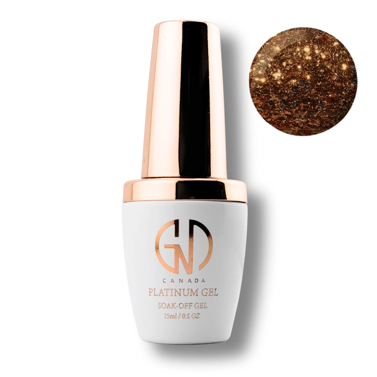 Canada Platinum Gel soak-off gel nail polish in a white bottle with a metallic rose gold cap, shown next to a circular color swatch of the glittery gold-brown polish.