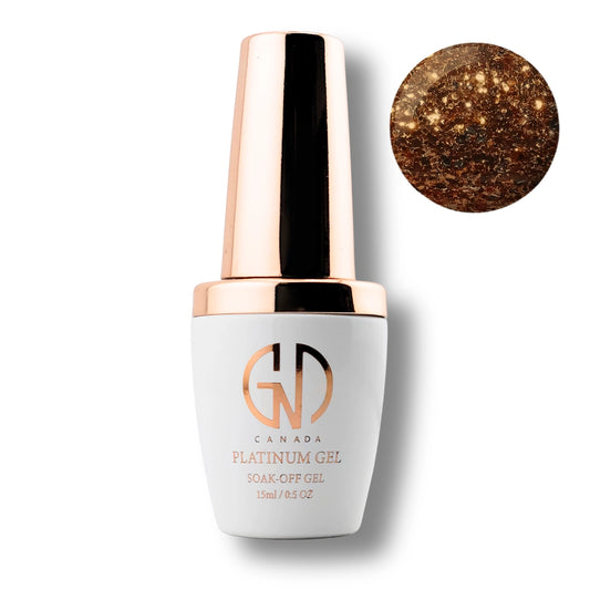 Canada Platinum Gel soak-off gel nail polish in a white bottle with a metallic rose gold cap, shown next to a circular color swatch of the glittery gold-brown polish.