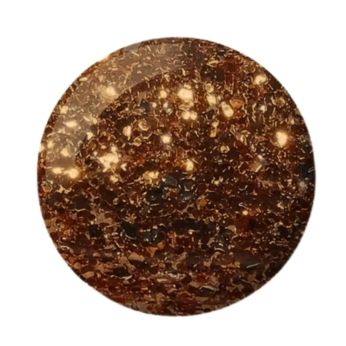 A circular swatch of metallic bronze and gold flecked material, likely resin, glass, or ceramic, shown on a solid white background.