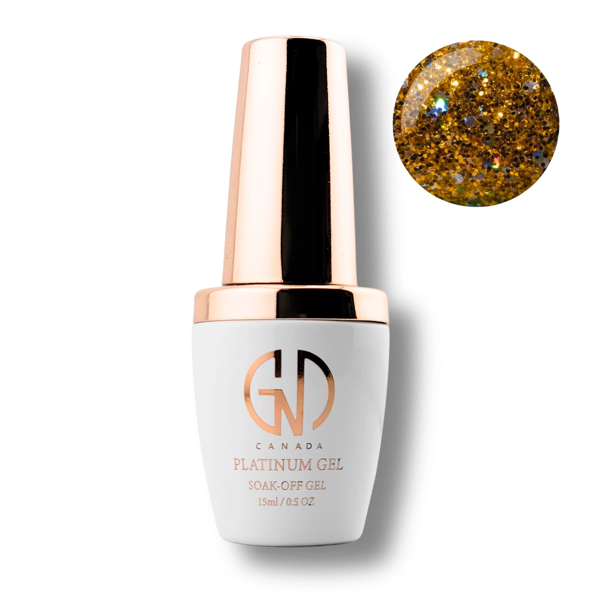 Canada Platinum Gel soak-off gel nail polish in a white bottle with a metallic rose gold cap, shown alongside a circular color swatch of gold glitter polish on a white background.